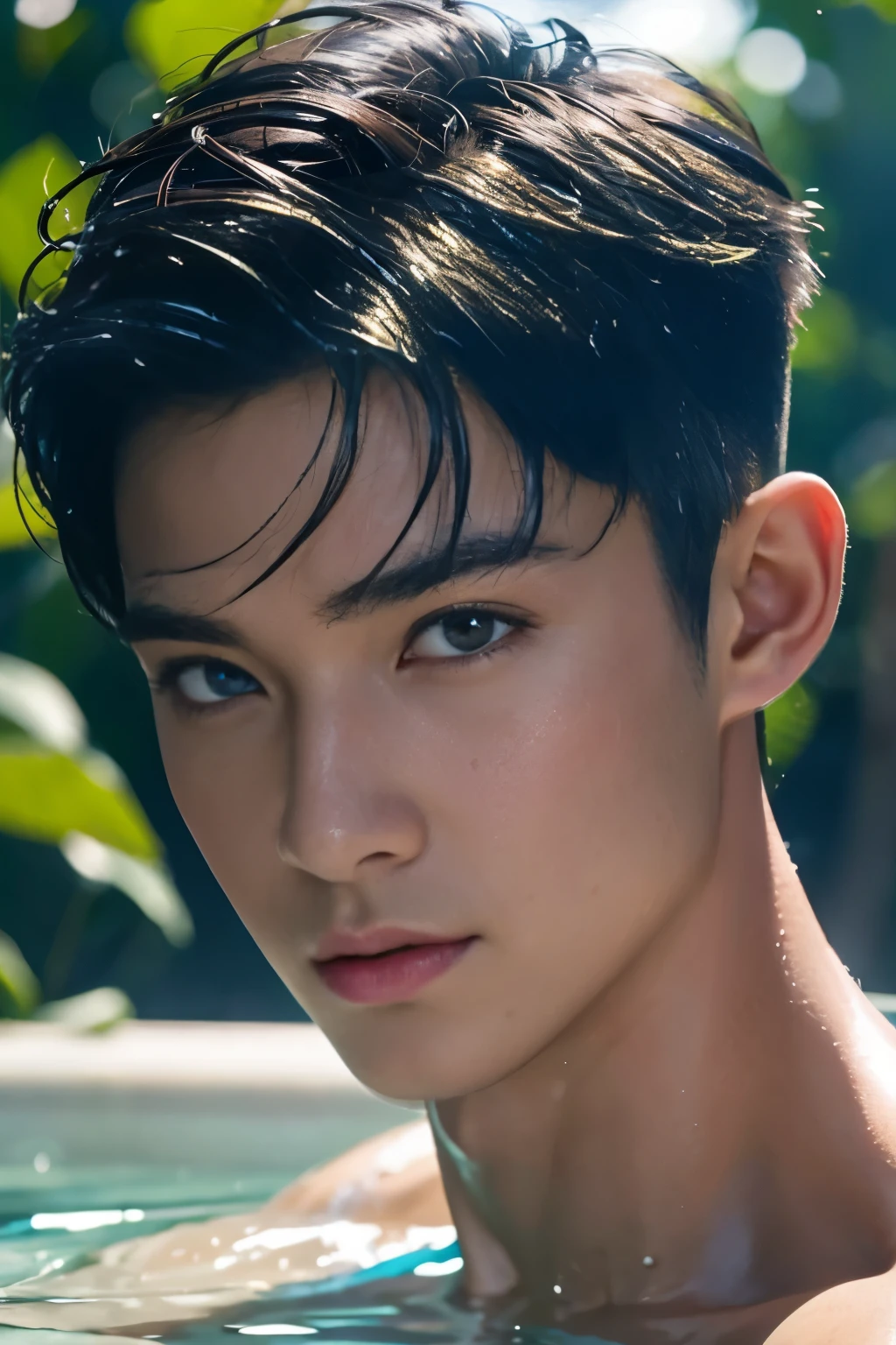 1 boy, Young male, Detailed eyes and faces, Perfect male body, face to camera, (short hair, half body inside water, Topless, bathe in water, wet hair and body),portrait, Chinese clothing, China Landscape, Outdoor, Hibiscus, Hibiscus park, color difference, Depth of field, dramatic shadow, Ray tracing, Best quality, Cinematic lighting, Extremely detailed CG, 8k wallpaper,