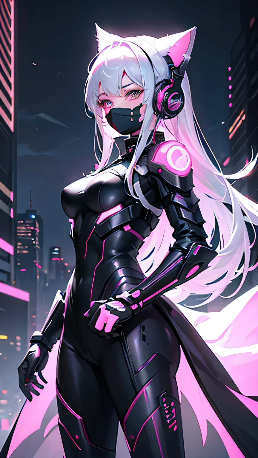 This image contains、Featuring a female character designed in a futuristic cyberpunk style。Her characteristics are、With piercing pink eyes and silver-grey hair、The head is equipped with a distinctive pink cat ear headset.。The lower half of his face is covered by a black mask.、Many of her expressions are hidden、Only the eyes are clearly visible、It gives a mysterious impression。

Her outfit resembles battle armor with highly detailed and intricate designs.、The black and dark grey colour scheme is accented with pink lights.。The armor has a functional look.、Many panels and joints are visible.、Reminiscent of advanced technology。

In the background、The city skyline is illuminated with vibrant neon lights.、It is shown to be a night scene.。The overall atmosphere is、It strongly reflects the cyberpunk worldview.、It gives a sense of the fusion of technology and the city of the future.。