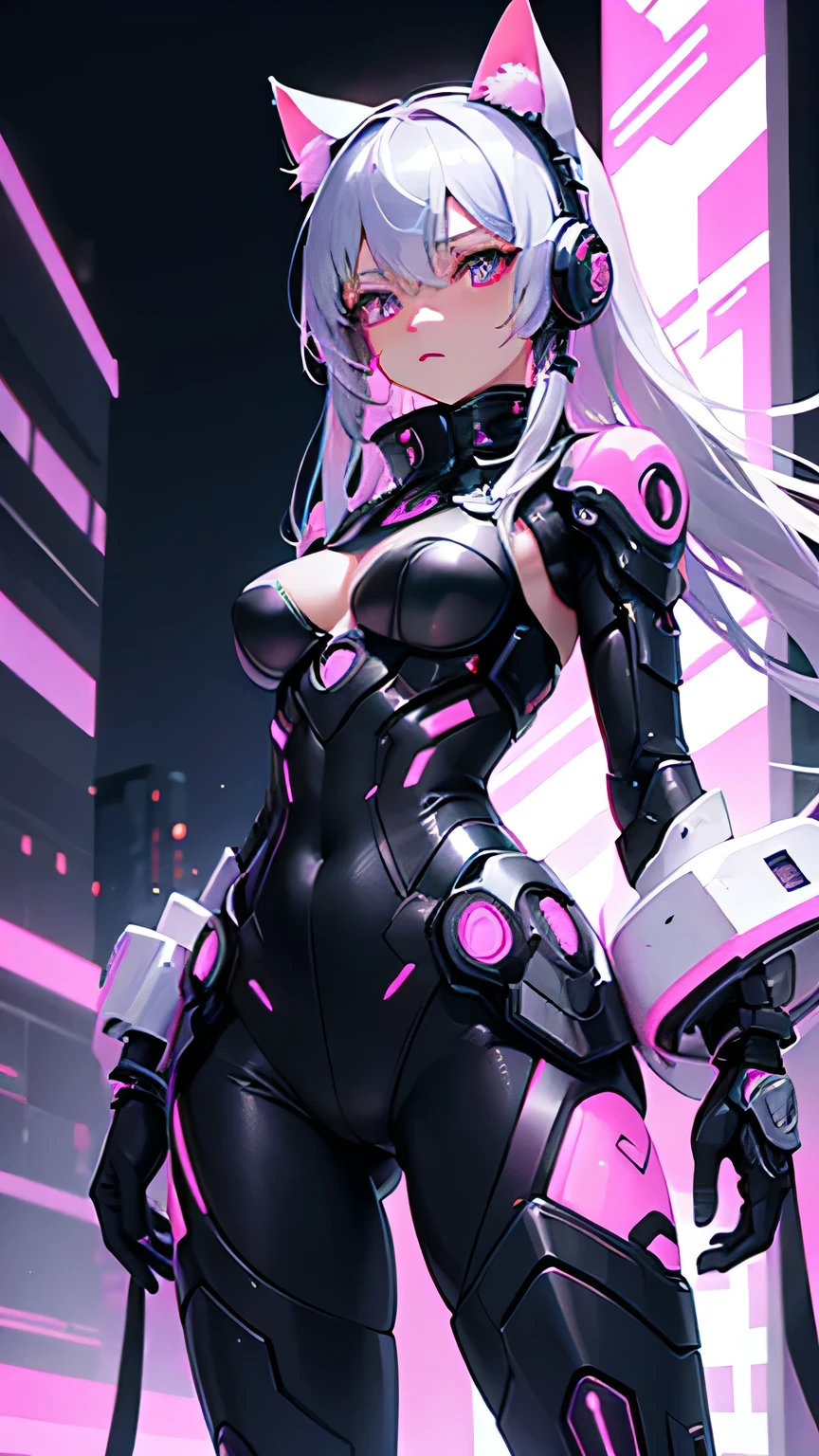 This image contains、Featuring a female character designed in a futuristic cyberpunk style。Her characteristics are、With piercing pink eyes and silver-grey hair、The head is equipped with a distinctive pink cat ear headset.。The lower half of his face is covered by a black mask.、Many of her expressions are hidden、Only the eyes are clearly visible、It gives a mysterious impression。

Her outfit resembles battle armor with highly detailed and intricate designs.、The black and dark grey colour scheme is accented with pink lights.。The armor has a functional look.、Many panels and joints are visible.、Reminiscent of advanced technology。

In the background、The city skyline is illuminated with vibrant neon lights.、It is shown to be a night scene.。The overall atmosphere is、It strongly reflects the cyberpunk worldview.、It gives a sense of the fusion of technology and the city of the future.。