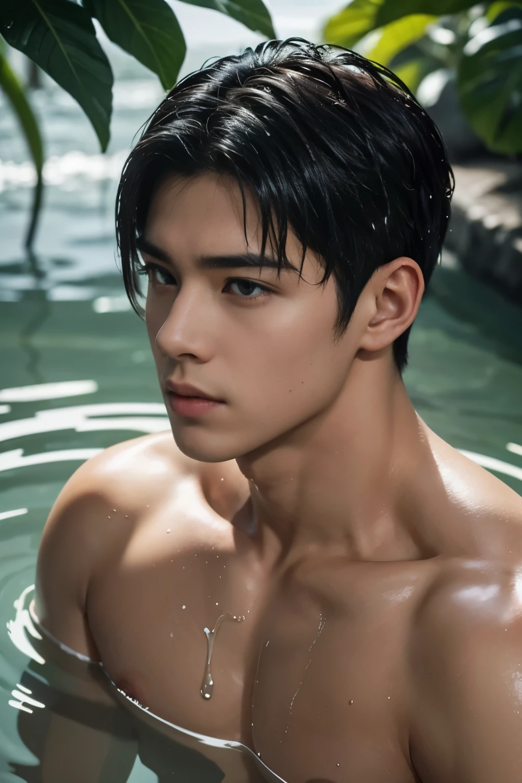 1 boy, Young male, Detailed eyes and faces, Perfect male body, face to camera, (short hair, half body inside water, Topless, bathe in water, wet hair and body),portrait, Chinese clothing, China Landscape, Outdoor, Hibiscus, Hibiscus park, color difference, Depth of field, dramatic shadow, Ray tracing, Best quality, Cinematic lighting, Extremely detailed CG, 8k wallpaper,