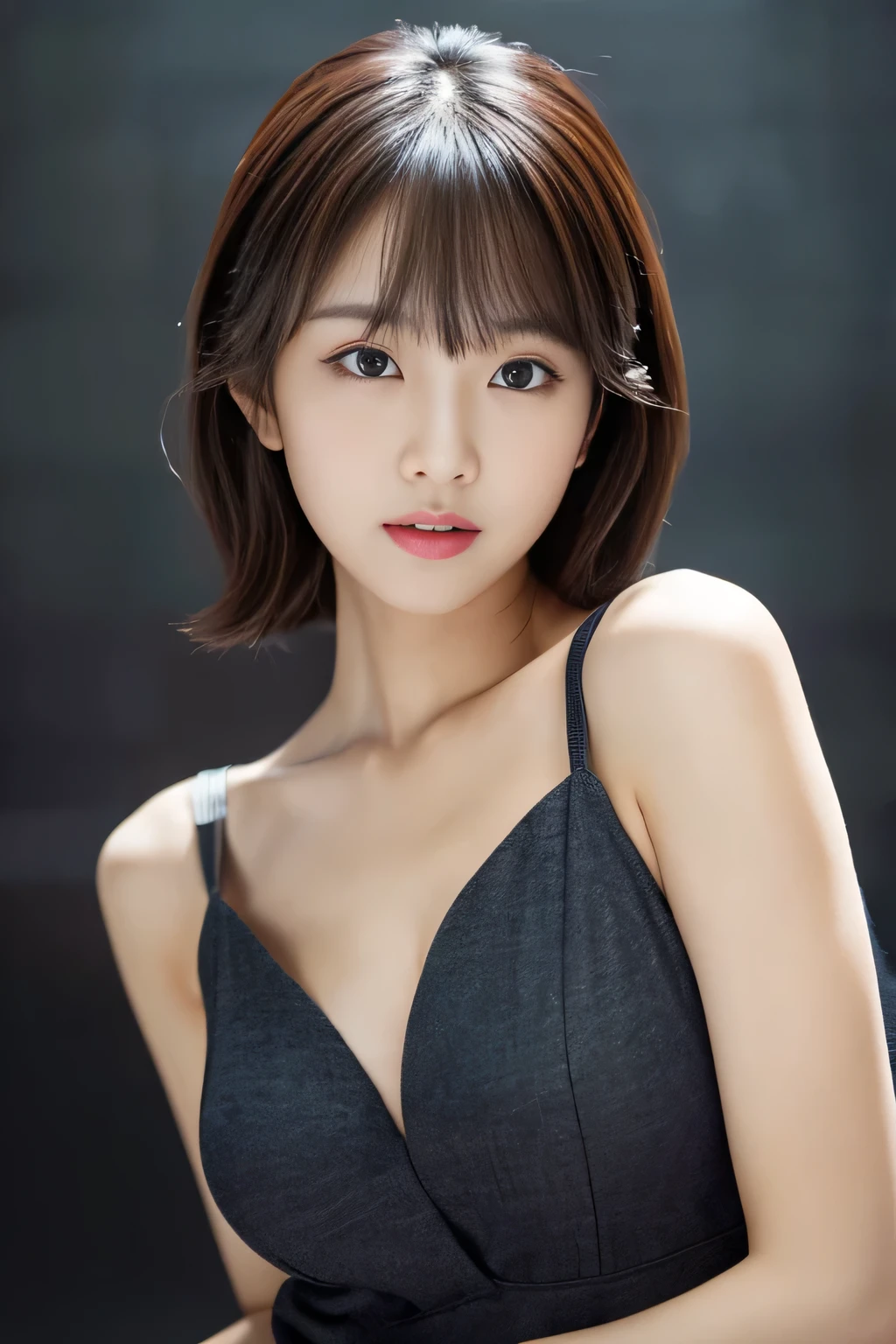 masterpiece、office lady,Sexy pose,,Sunburn mark,thin,Cute face,Beautiful Face,double eyelid,COOL FACE,Straight hair,Dark red hair,Slate gray background color,Busty:1.5,Mysterious,high quality,Realistic,Beautiful Korean,Beautiful woman,gravure,fashionable、Perfect Anatomy、Beautiful limbs、Beautiful Skin、cool、