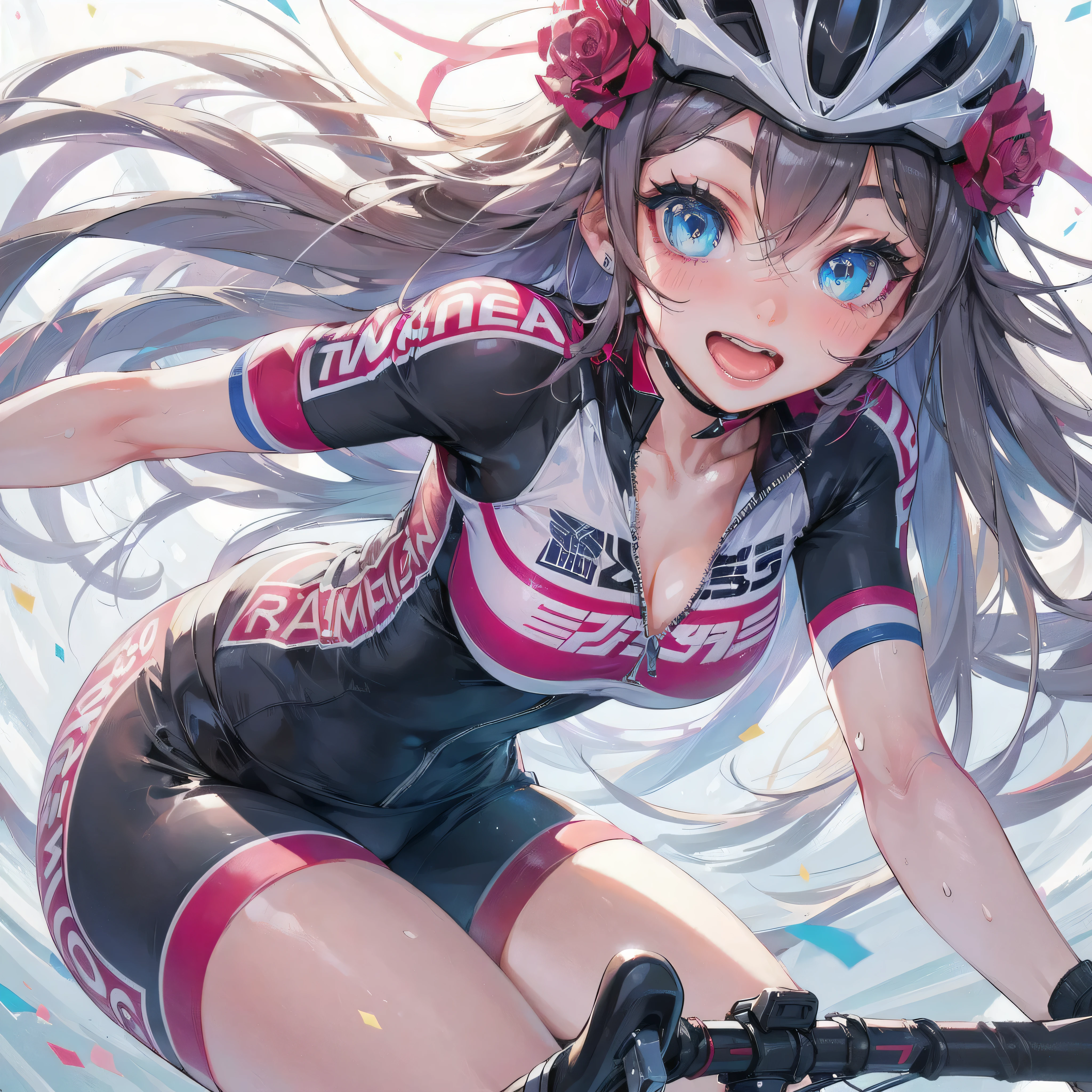 high quality,HD,16k,sharp lines,1 girl,Female cycling athlete ,cute face, large breasts, nice legs,At the cycling venue,focus girl,detailed beautiful face,detailed clothes,beautiful eyes,cool,dynamic angle