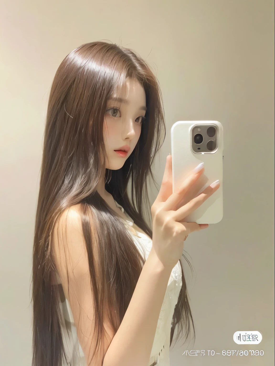 mulher arafa tirando uma selfie no espelho com um celular, com cabelo comprido, Ulzzang, cabelos longos de cor castanha, asian girl com cabelo comprido, penteado com corte hime branco, cabelos castanhos longos e lisos, penteado reto, brown cabelo longo com franja, cabelo longo com franja, long shiny ethereal hair, cabelos longos atraentes, cabelo longo e liso branco