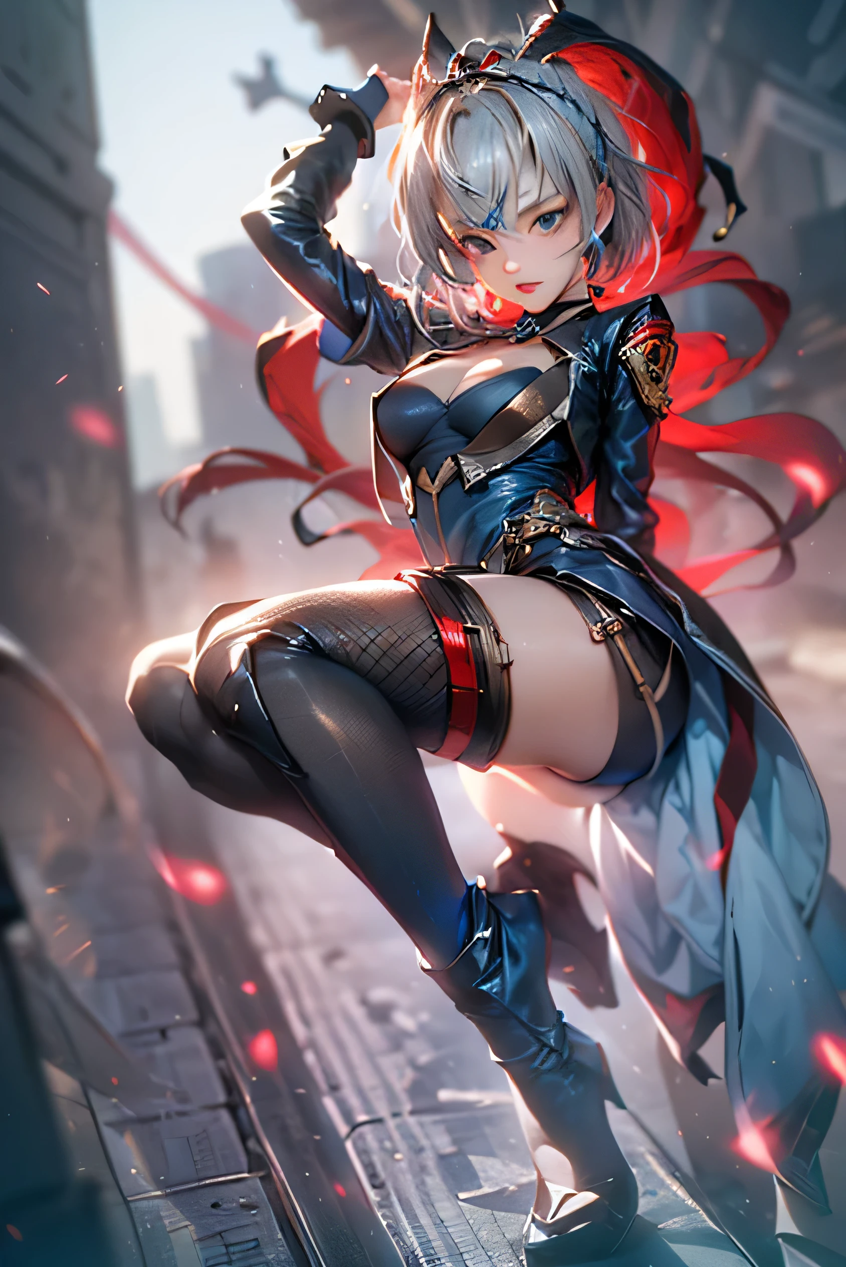 (Photorealistic:1.8, highest quality:1.8,8K masterpiece:1.8,High resolution,Mastepiece:1.8,RAW Photos,Cinematic lighting),No split screen、Highway at night、 (A beautiful female executive fighting evil)、choker、Tight bodysuit、Red Eye Mask、Wide open chest、Body painting、Fishnet tights、Knee-high boots、
Beautiful ass、Beautiful thighs、Beautiful breasts、chest emphasis、Nipples visible through clothing、Plump nipples、cameltoe、correct2Benzu、A rich expression、fearless smile、Appealing gaze、
(Beautiful, shining red, blue, white, black, silver, bronze hair:1.5)、Photo from below