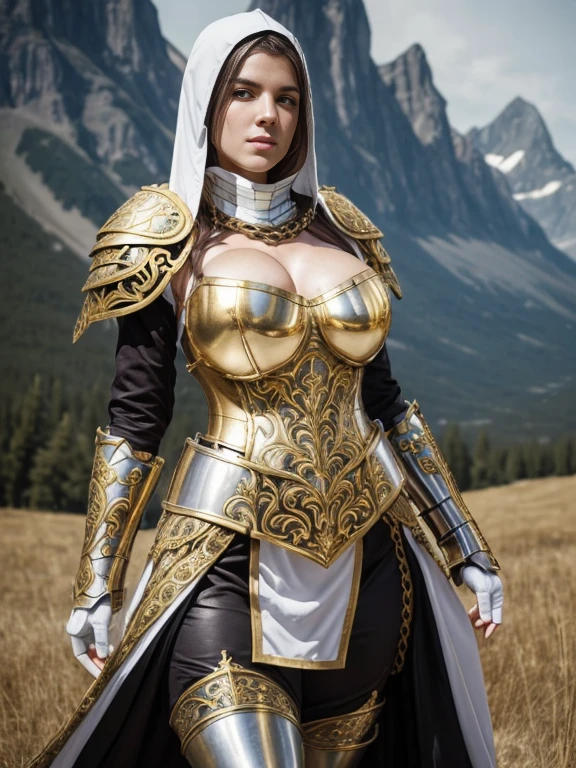 (masterpiece, top quality, best quality, official art, beautiful and aesthetic:1.2), (1girl:1.3), light freckles, fair skin, extremely detailed, portrait, looking at viewer, solo, (full body:0.6), detailed background, close up, (warm grasslands theme:1.1), holy paladin knight, charlatan, smirk, mysterious, swaying in mountains, modest attire, ((((ornate white and gold metal plate armor)))), cowl, nun hood, wimple, boob armor, cowl, robe, chain mail, chainmail, leggings, chainmail leggings, chain mail leggings, (armored breastplate), tabard, gorget, hood, pauldrons, greaves, armored, long boots, longsword, shield, cape, cloak, pearlescent metal, white fabric, pale leather, ((((gigantic breasts)))), slim waist, slim hips, long legs, medieval (mountain exterior:1.1) background, dark mysterious lighting, shadows, magical atmosphere, dutch angle,