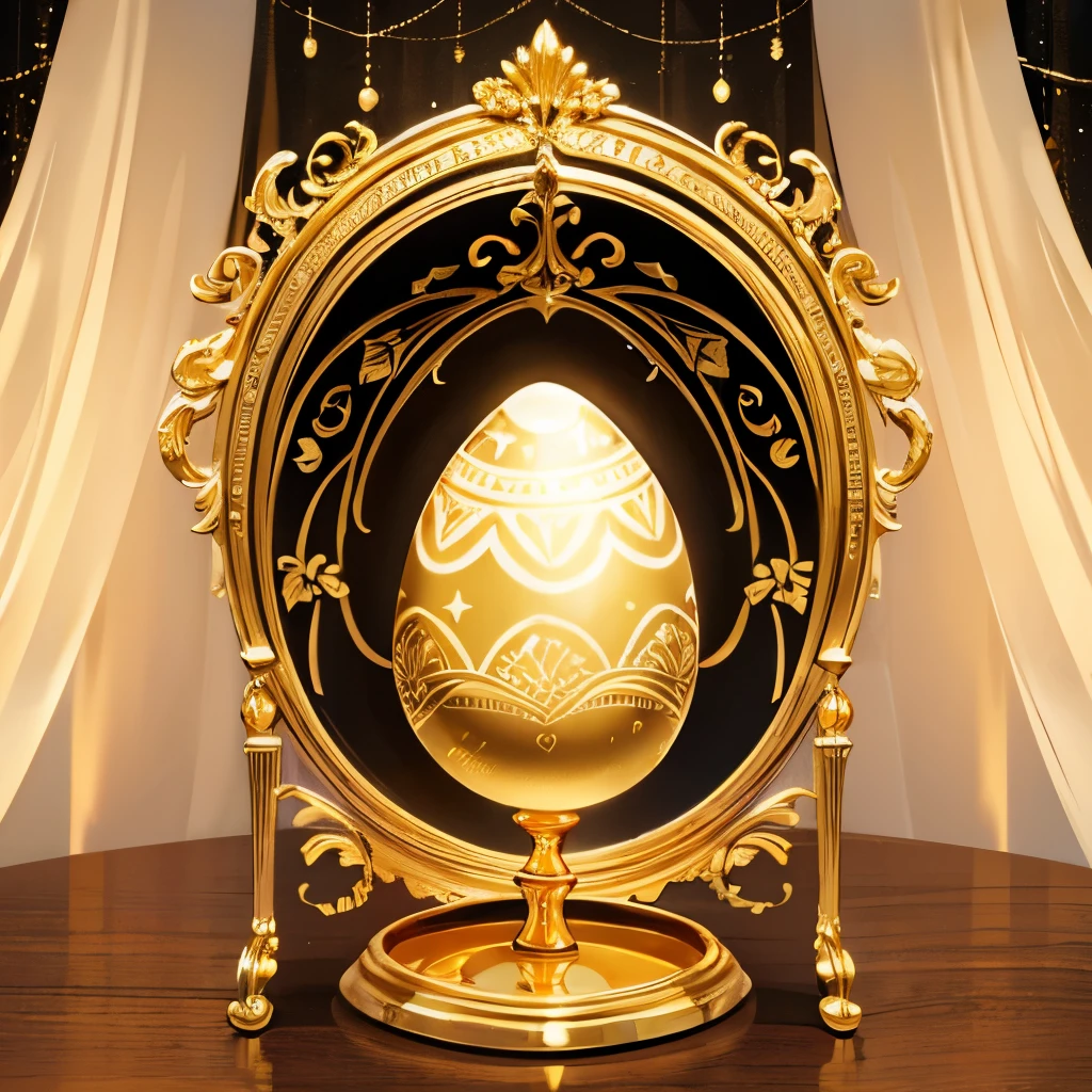 High resolution, (a golden decorated egg:1.3),Glowing, on a beautiful decorated stand
