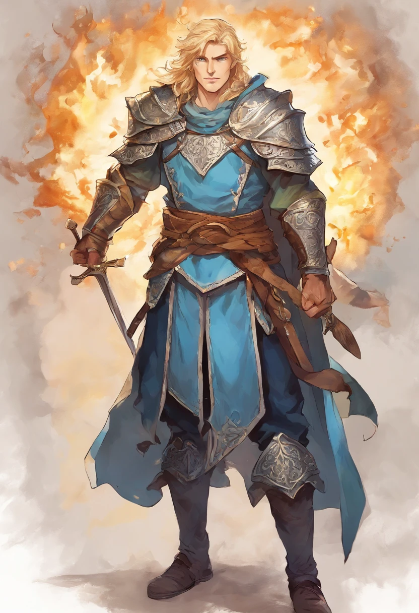 Guerrier homme blond aux yeux bleus clairs, sans casque, a necklace around the neck representing a flaming sword on a shield, portant une armure de cuir, avec une épée en fer dans la main droite, un bouclier en bois dans la main gauche, with a cape representing a sun on a very light blue background