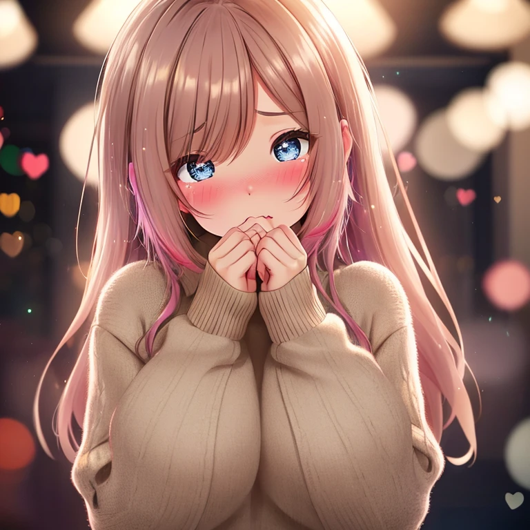 A girl, wearing a cozy sweater, top half of her body, (pouting:1.1), (blushing shyly:1.1), (wide-eyed:1.2), evening, bokeh, room lighting, room (heart particles:1.1), (best quality, 4k, highres, masterpiece:1.2), ultra-detailed, (realistic, photorealistic, photo-realistic:1.37), HDR, vivid colors.