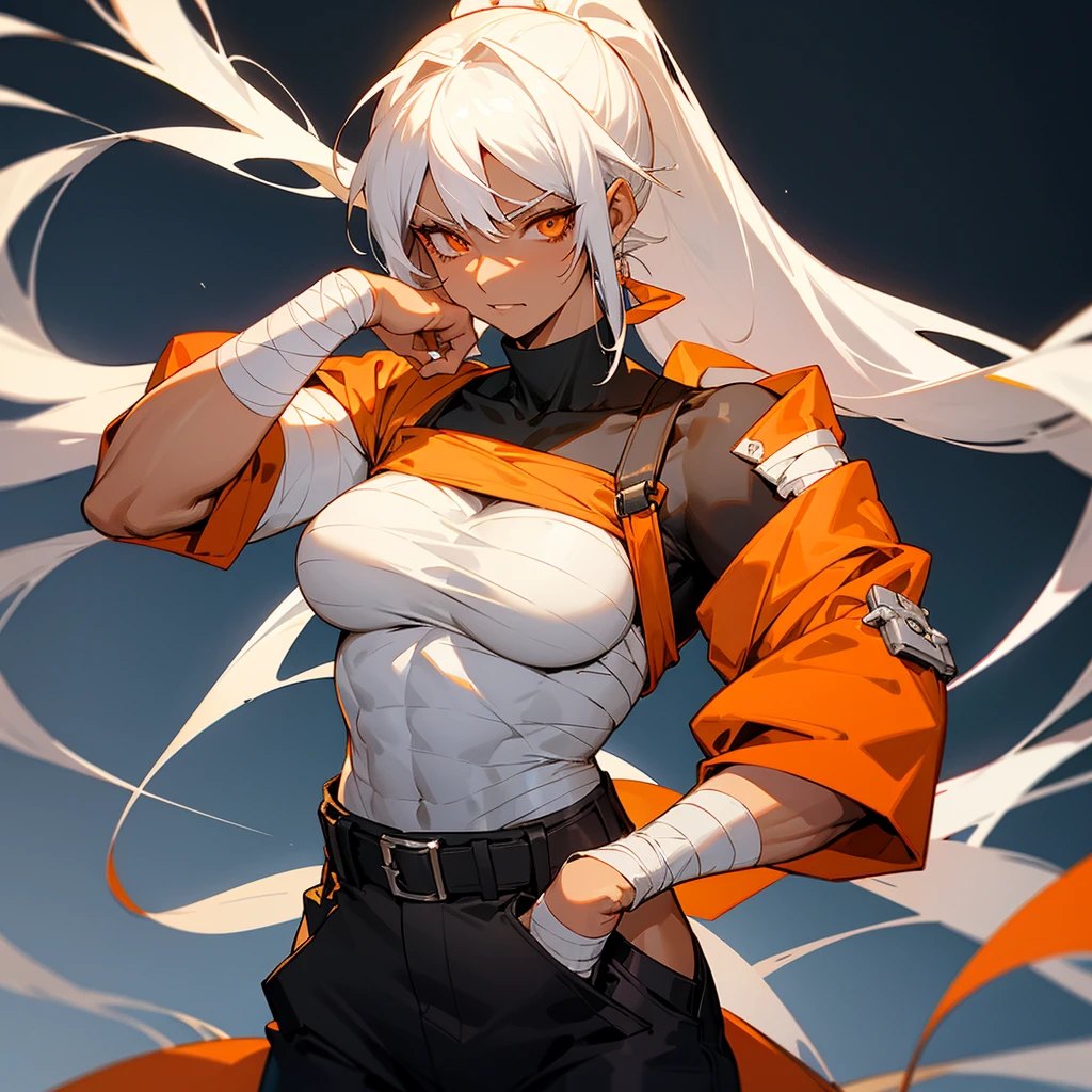 Anime style mature 1Female with white hair. with one big long ponytail. sharp bangs. Orange eyes. Dark tanned skin, Muscular body. Slight six pack.  Baggy black pants with white belt. Bandages wrapped around her chest. Shirtless. Smug and evil like expression.
