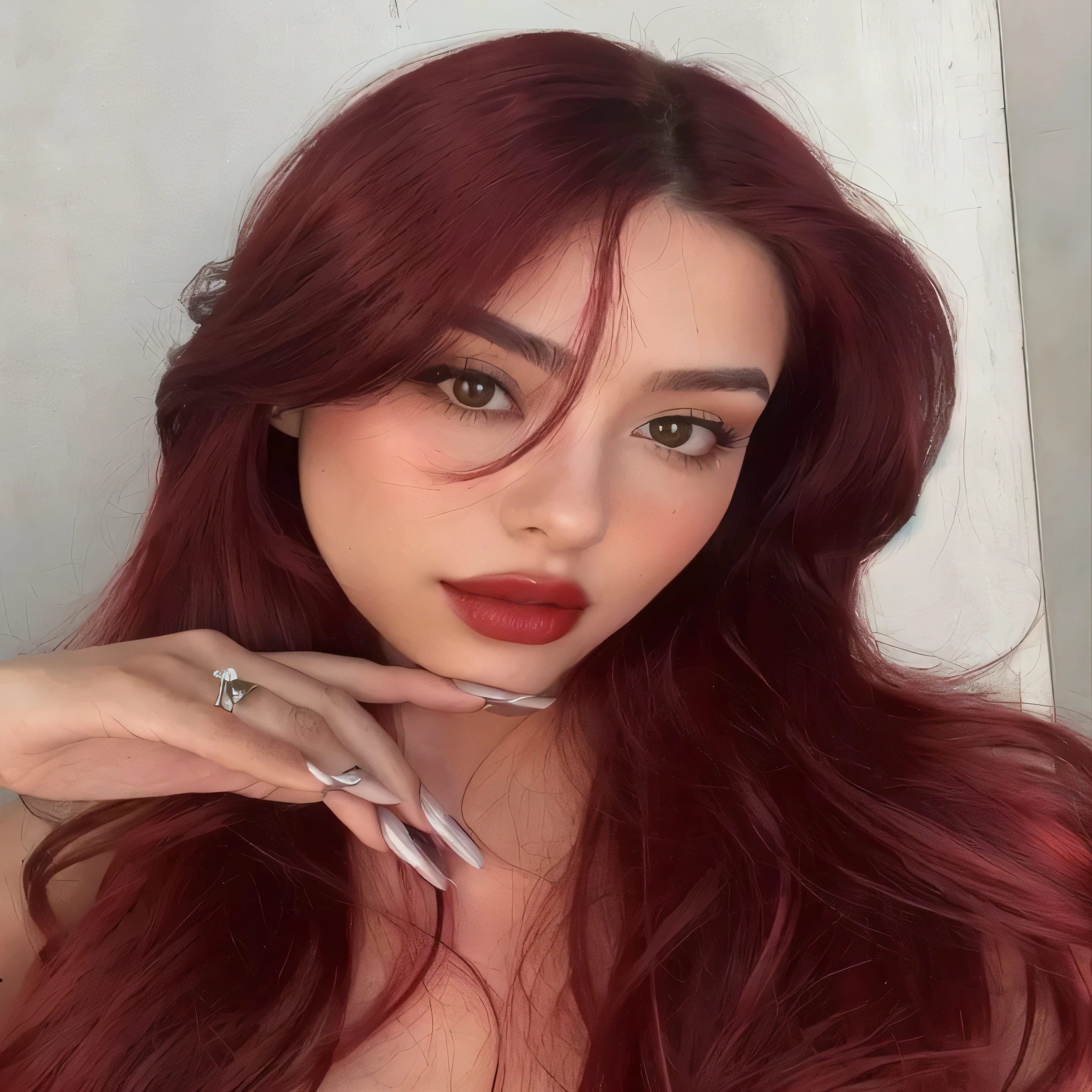 un primer plano de una mujer pelirroja y un anillo en el dedo, peluca roja, Dyed Red Hair, crimson red hair crimson, pelo rojo y rasgos atractivos, long pelo rojo oscuro, crimson red hair y ojos rojos, pelo rojo oscuro, pelo largo rojo, long crimson hair, crimson red hair, brown pelo largo rojo, con el pelo largo y rojo