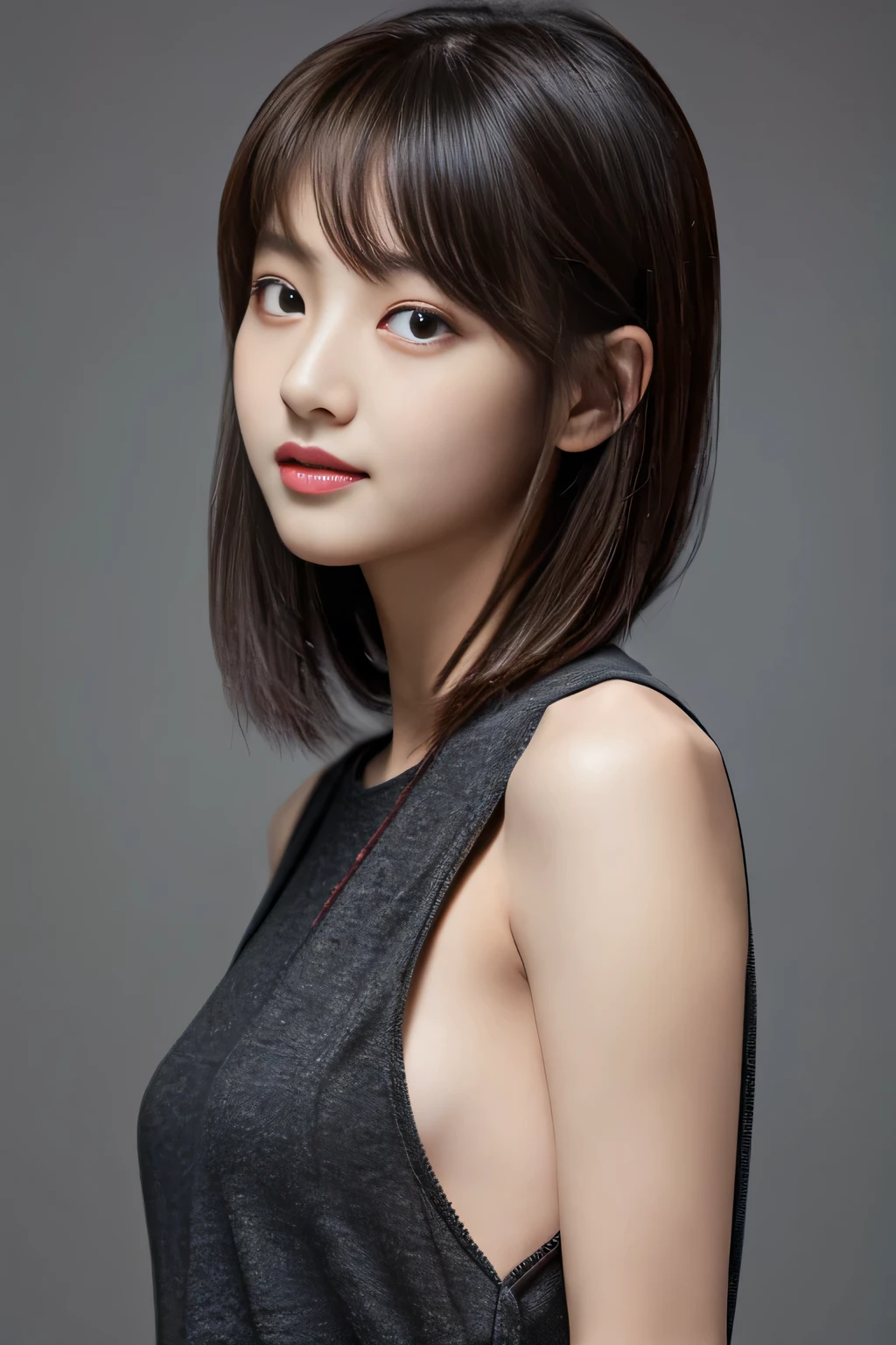 masterpiece、Sexy Lady,Sexy pose,,Sunburn mark,thin,Cute face,Beautiful Face,double eyelid,COOL FACE,Straight hair,Dark red hair,Slate gray background color,(Mysterious Busty:1.5),Mysterious,high quality,Realistic,Beautiful Korean,Beautiful woman,gravure,fashionable、Perfect Anatomy、Beautiful limbs、Beautiful Skin、cool、