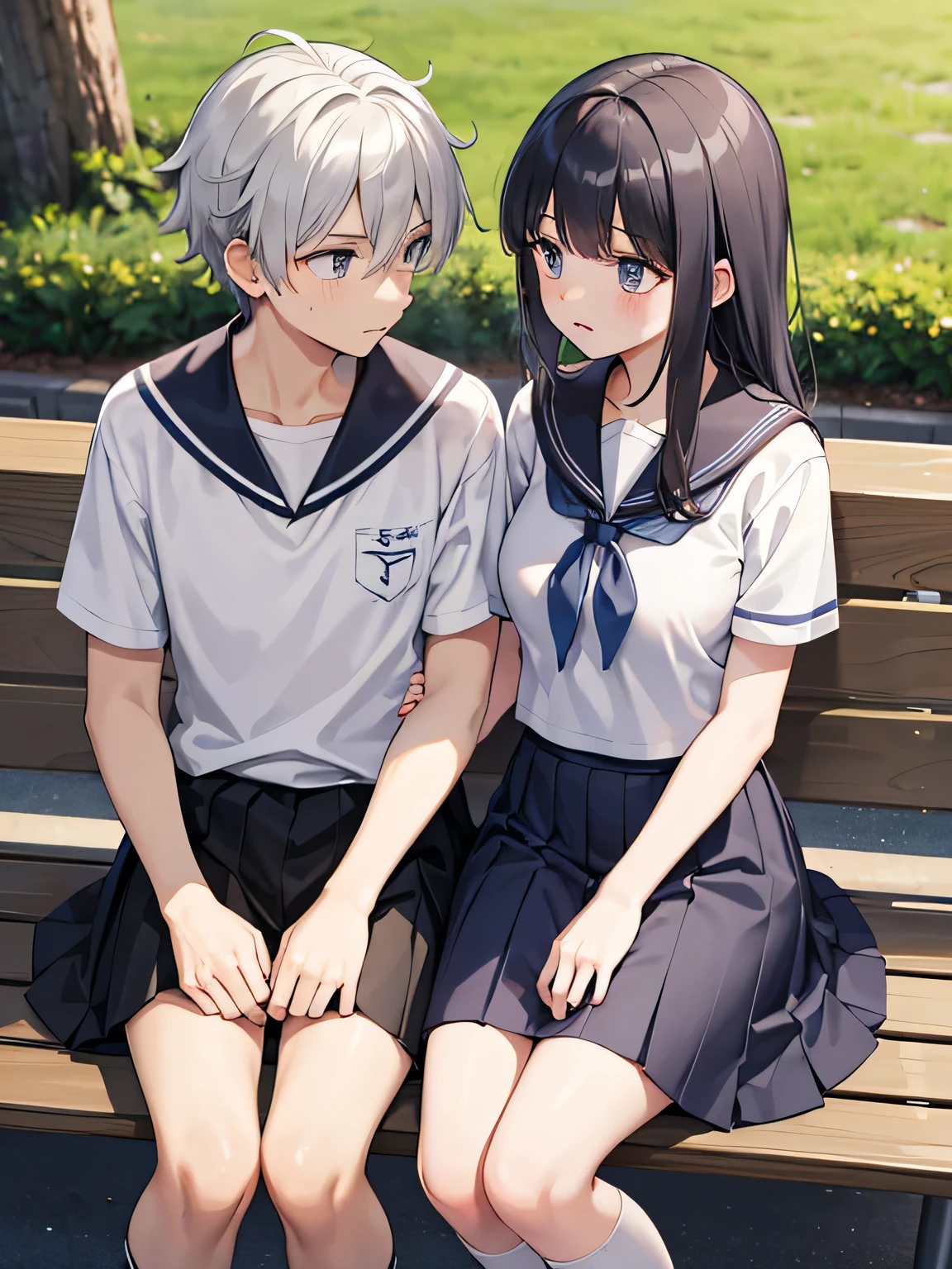 (1) A male-female couple sitting side side
(2) The woman is wearing a sailor uniform and gray plated skirt
(3) The man is wearing a polo white and gray slakcs
(4) The location is a bench in a school
(5) The two are looking at each other