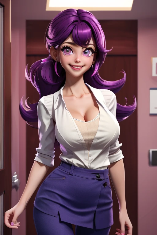 masterpiece, best quality, high resolution, hello1, purple hair,  Purple Eyes, Large Breasts,(((Cleavage)))) Hairpin, skirt, Pants, White shirt, Cowboy shooting, Smile, indoors