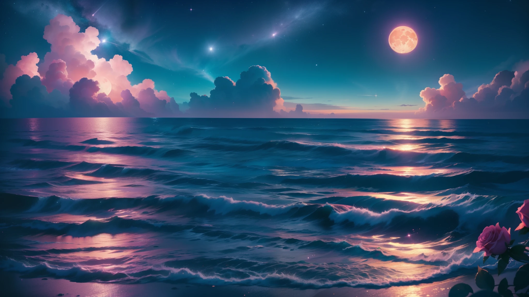 Orange moon,night time teal sky, soft pink clouds, teal ocean waves sparkling, sparkling, pink roses on pink ocean, fantasy, diamond, crown, universe, soft lights,just scene