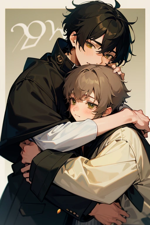 Soft boy with twenty years old,white shortcut cup hair,green sleepy eyes ,soft smile,sweatshirt anime style ,hugs another guy which twenty five year old ,black wolf hair,yellowish brown sharp eyes ,wears black jacket