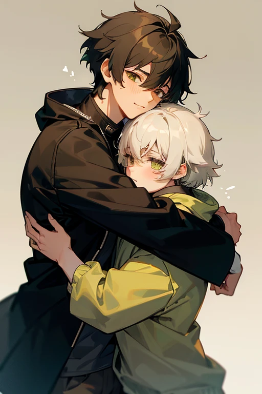 Soft boy with twenty years old,white shortcut cup hair,green sleepy eyes ,soft smile,sweatshirt anime style ,hugs another guy which twenty five year old ,black wolf hair,yellowish brown sharp eyes ,wears black jacket