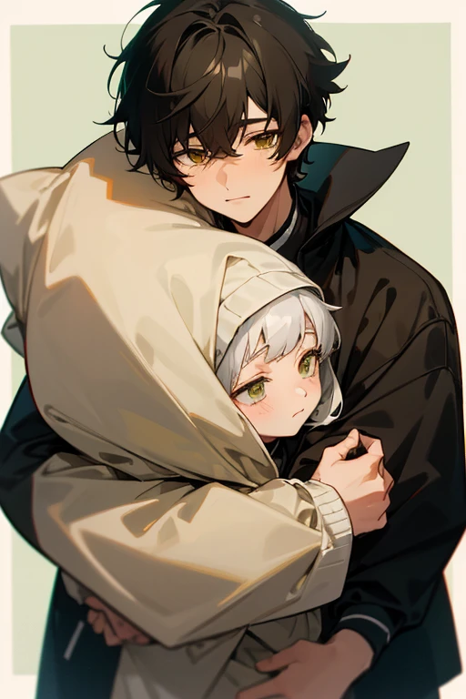 Soft boy with twenty years old,white shortcut cup hair,green sleepy eyes ,soft smile,sweatshirt anime style ,hugs another guy which twenty five year old ,black wolf hair,yellowish brown sharp eyes ,wears black jacket