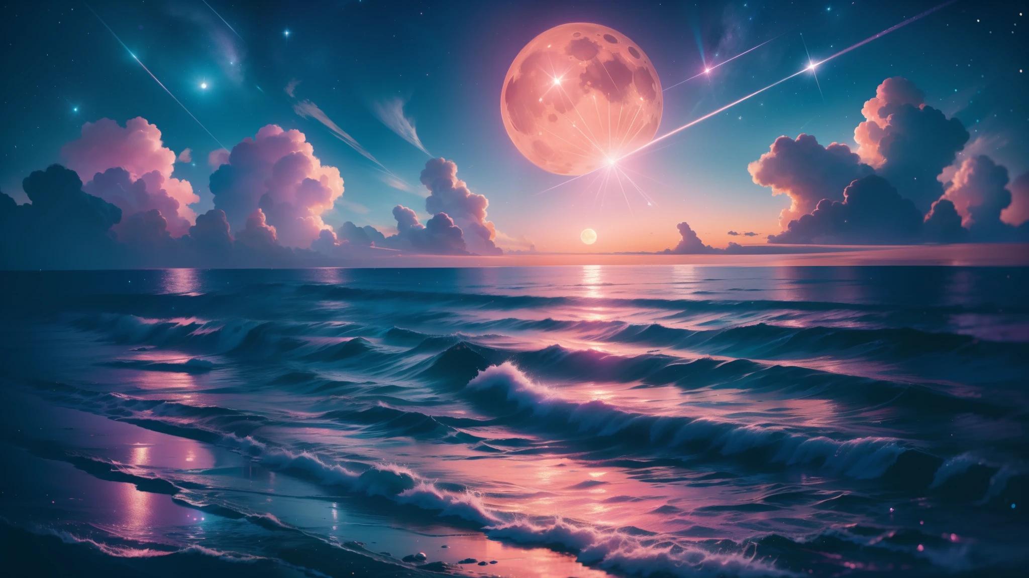 Orange moon,night time teal sky, soft pink clouds, teal ocean waves sparkling, sparkling, pink roses on pink ocean, fantasy, diamond, crown, universe, soft lights,just scene