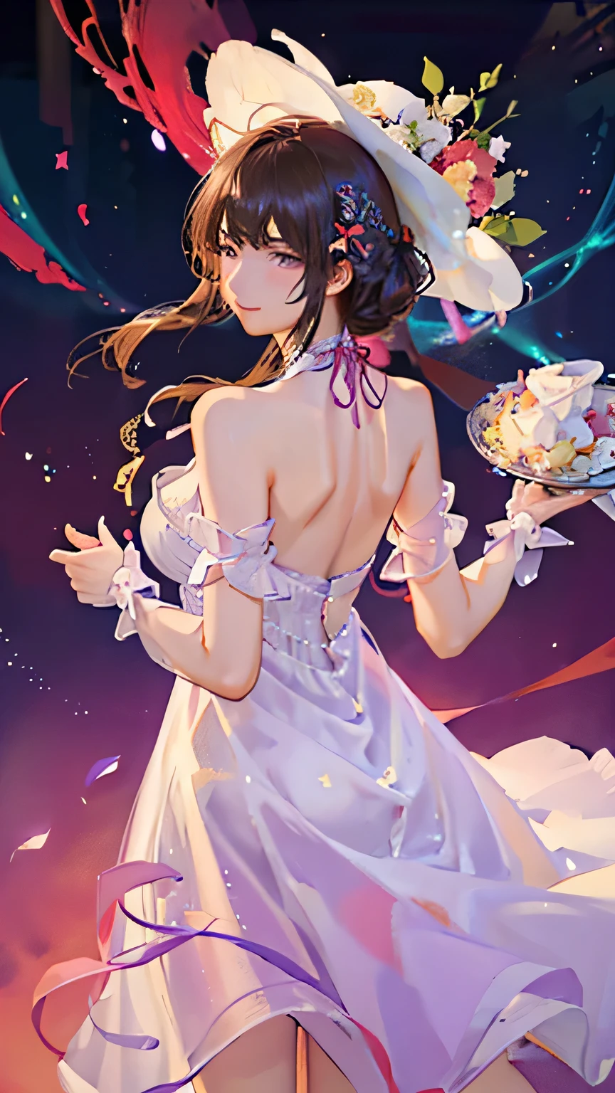(highest quality, High resolution), Glowing Eyes, Delicate facial features, Vibrant colors, Dreamy atmosphere, Fantasy Theme, Floral Background, Graceful Movement, Detailed clothing, loose fitting dress, Elegant fashion, Magic lighting, Mysterious Aura, Heavenly Beauty, Magic thread, Whimsical elements,Big Breasts、Red attire、Colorful costumes、lingerie、Purple outfit