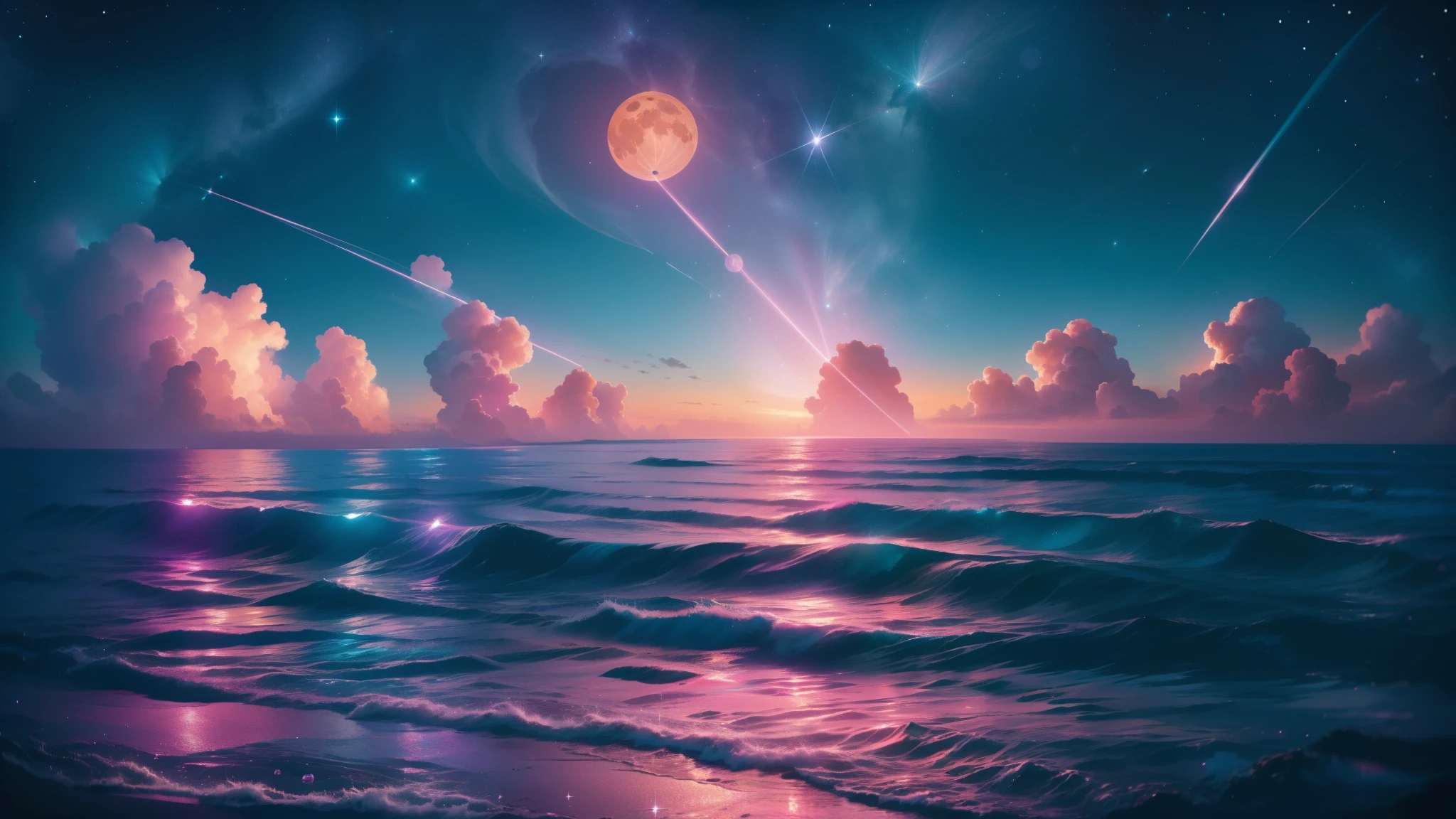 Orange moon,night time teal sky, soft pink clouds, teal ocean waves sparkling, sparkling, pink roses on pink ocean, fantasy, diamond, crown, universe, soft lights,just scene