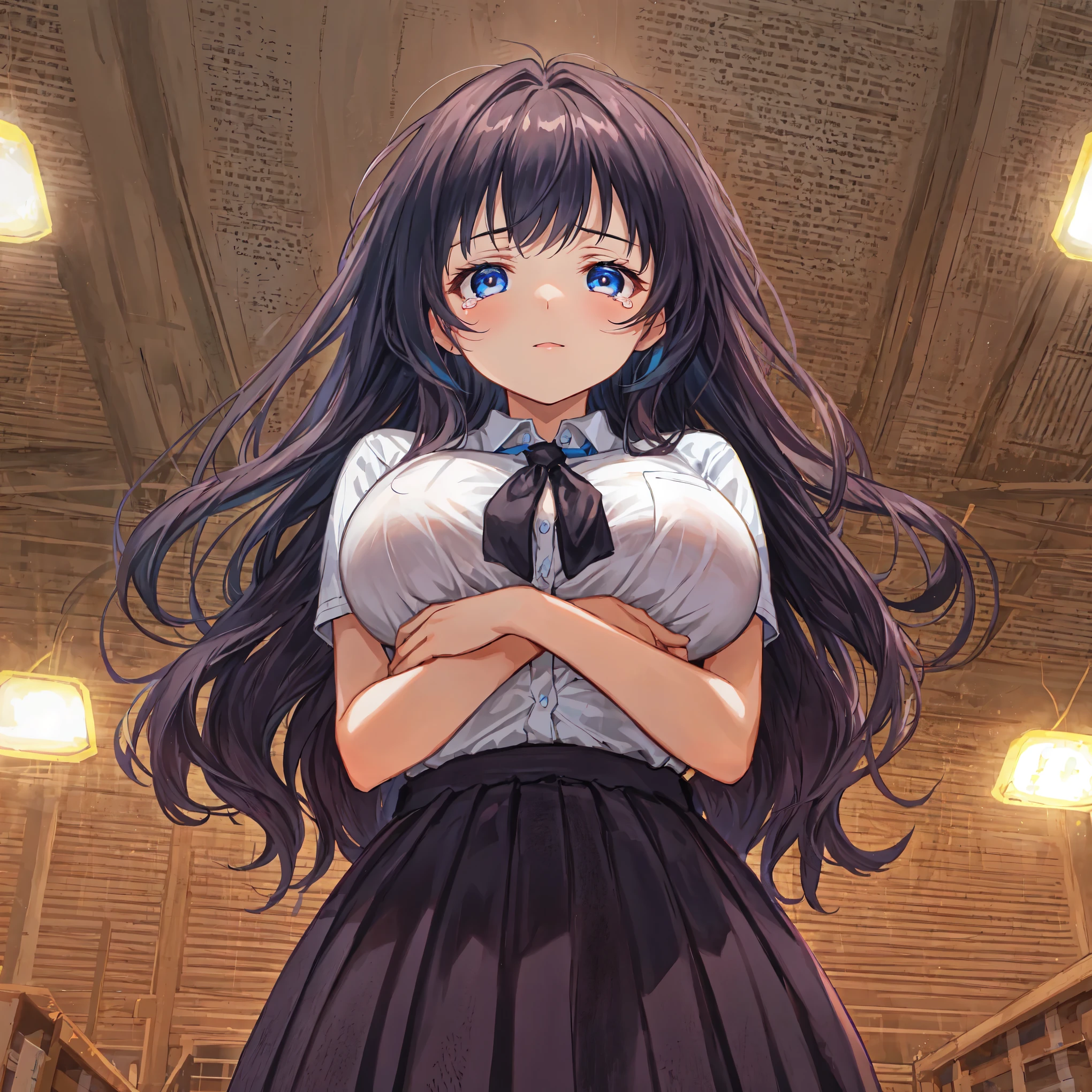 Beautiful illustrations,highest quality,Are crying,Lift your chest with your arms,closed mouth,inwardly curled hair black 1;4,From Below,{{beautiful large breasts 1:4}},Library,Bookshelf at the back,{{high school girl}},Black pleated skirt,highest quality,From Below,{{beautiful large breasts 1:4}},pretty girl,brush,High-quality backgrounds,Slanted Eyes,Detailed shirt chest wrinkles,{{{high school girl}}},BREAK,{{beautiful blue eye1:4}},BREAK,Five fingers