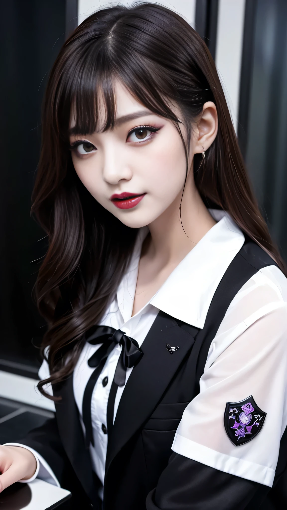 best quality、ultra-detailed、4k、Japanese、Seductive beauty、seductive adult woman、Pretty Woman、cool girl、Villainess、Brainwashed、brainwash、Fallen into evil、smirk、Evil look、Wicked Smile、evil、Brown hair、wavy hair、swept bangs、dark makeup、dark makeup、piercing eyes、hollow eyes,half-closed eyes、Hollow Eyes、purple Eyeshadow、black lipstick、black lipglos、student、uniform、Black blazer、White Shirt、Black Ribbon、flare skirt、night、inside school、Have lipstick、Emblem of Evil、Crest of Darkness、Swear allegiance、I have pledged my allegiance、Dye black、Blackening、Stained with evil、Dyed in darkness、Seduce