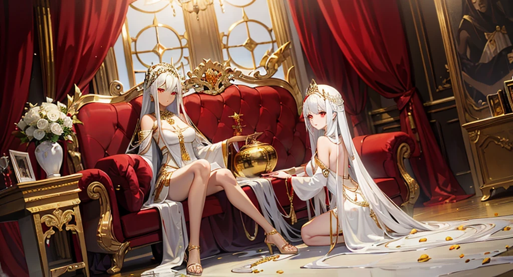 There were two women in the room sitting on a red chair, WLOP and Sakimichan, in a throne room, on her throne, 8K high quality detailed art, royal elegant pose, elegant cinematic pose, sitting on her throne, wlop and krenz cushart, trending on cgstation, 8k octae render photo