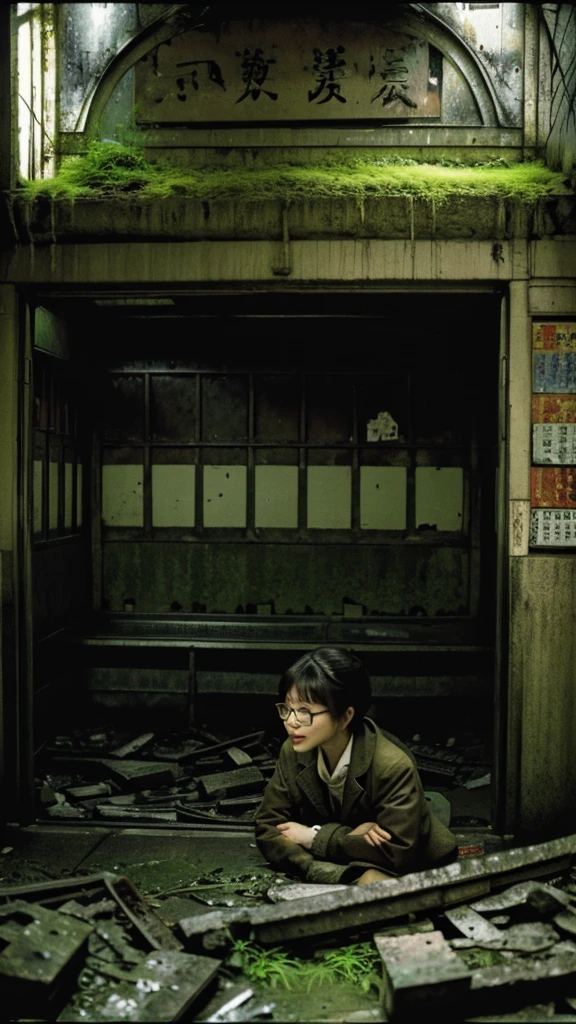 subway,moss,Showa,Collapse,Devastation,Inside the ruins,Glasses,Women,adventure,Black and White,