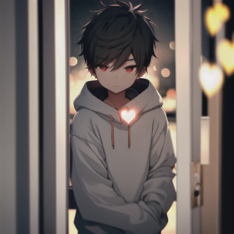 a boy, Wear a comfortable sweatshirt, whole body, (sigh:1.1), (Push open the door:1.1), (:1.2), night在房间, Bokeh, Depth of Field, , Light Particles, night, (Heart particles:1.1)