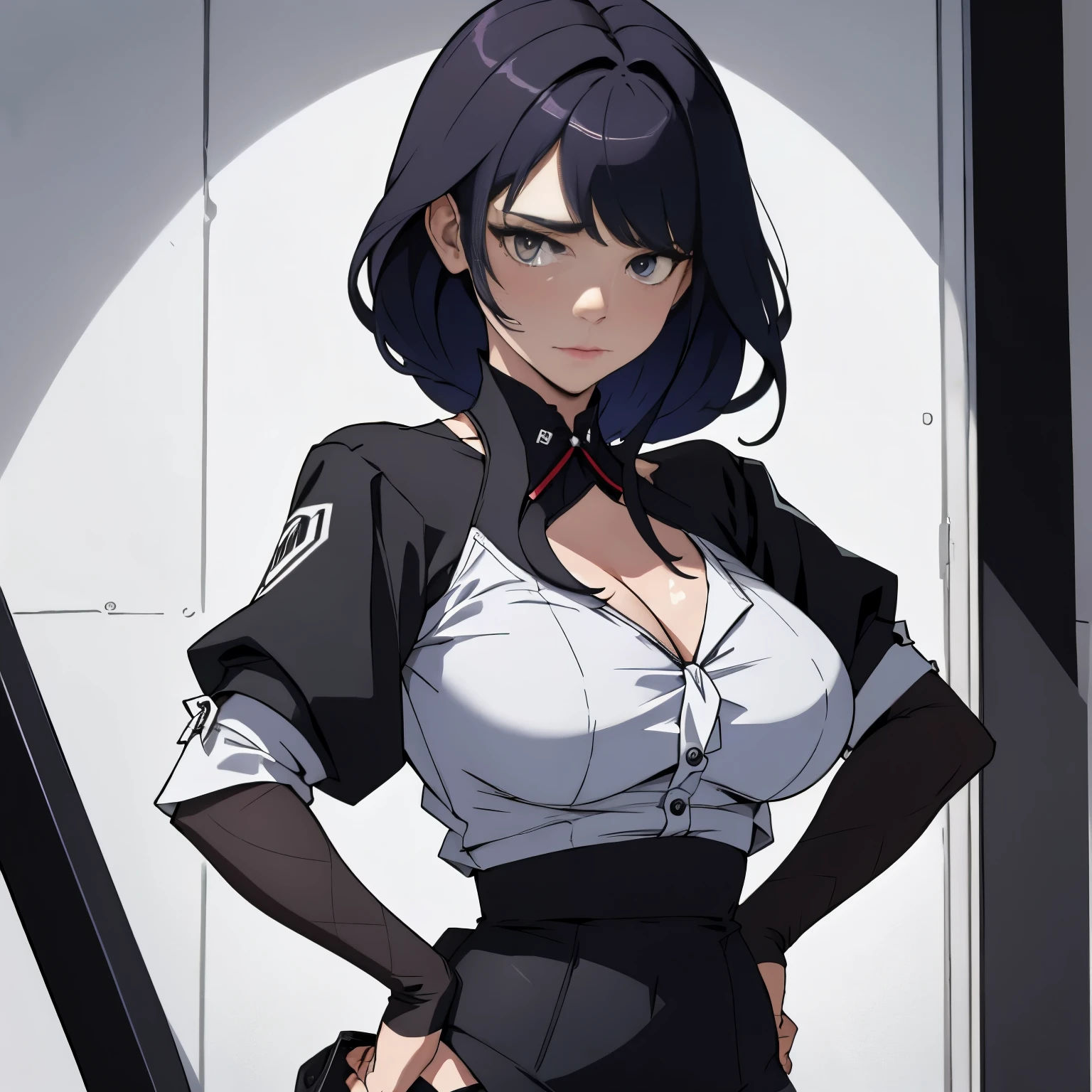 Kimi wore black gloves and a white shirt from where a tie hung—for the top. On her bottom, she wore a short black skirt with compact black tights under it. Her large chest threatened to tear the buttons