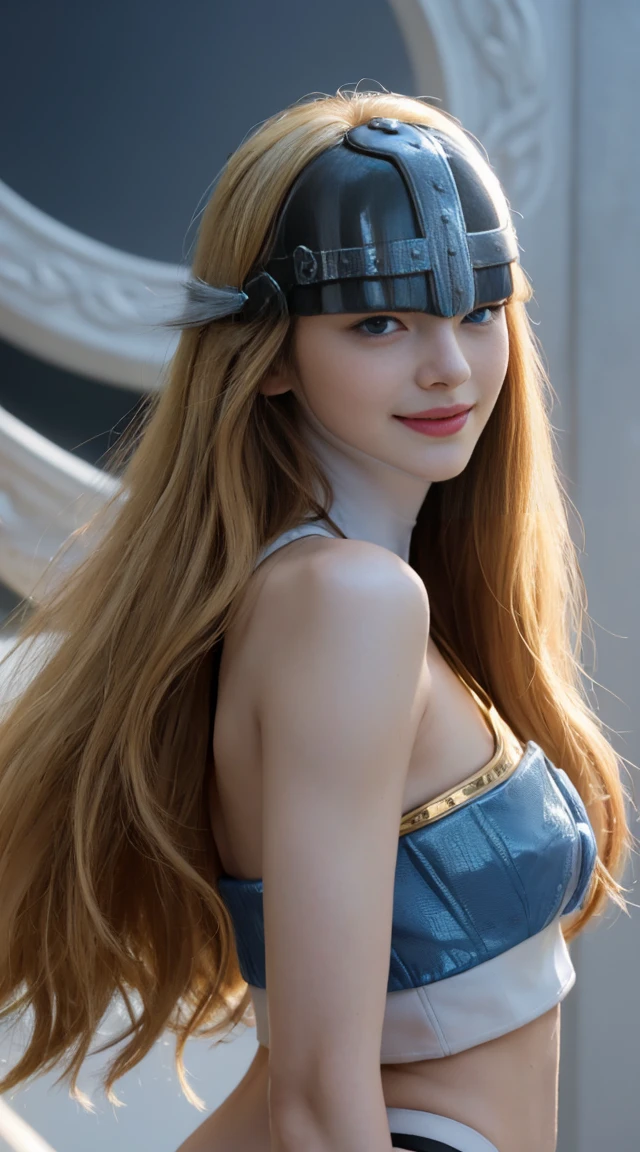 8K, Top Quality, Intricate Details, Ultra Detail, Ultra High Resolution, Masterpiece, random angle,  Slender, Smile, (Makeup: 0.4), (Fluffy Blue Eyes: 1.21), blue Eyes, looking at viewer, ((full body)), 1girl, solo, 1 girl, (( full body)), close up shot, , ((tall)), (((fit body))), (((slim face))), sharp face, sharp eyes, ((( golden hair, very long hair,  )) , (detailed face), sharp face, small lips, 
 ((helm, wing )), ((crop top)),  detailed face, detailed breast, , large breast, detail ass, , Beautiful girl with accentuated slender abs: 1.4, Six Pack Abs: 1.4, Bust Botox, Big, Perfect Body, detail leg, (( in heaven)),