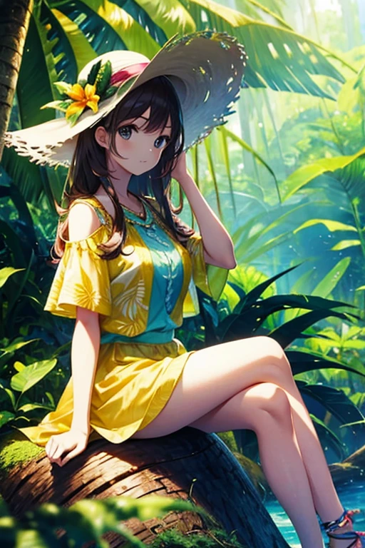beautiful girl, Tropical outfit and hat, tea party, sitting on a stump