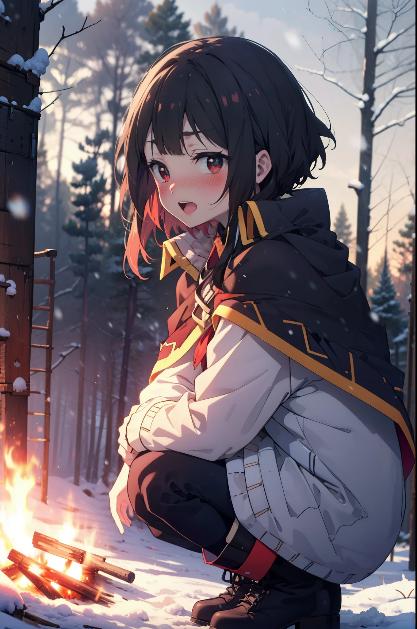 konosubaMegumin, Megumin, short hair, Black Hair, (Red eyes:1.3), short hair with long locks,happy smile,blush,White Breath,
Open your mouth,snow,A bonfire on the ground, Outdoor, boots, snowing, From the side, wood, suitcase, Cape, Blurred, Increase your meals, forest, White handbag, nature, Squat, Mouth closed, フードed Cape, winter, Written boundary depth, Black shoes, red Cape break looking at viewer, Upper Body, whole body, break Outdoor, forest, nature, break (masterpiece:1.2), highest quality, High resolution, unity 8k wallpaper, (shape:0.8), (Beautiful and beautiful eyes:1.6), Highly detailed face, Perfect lighting, Highly detailed CG, (Perfect hands, Perfect Anatomy),