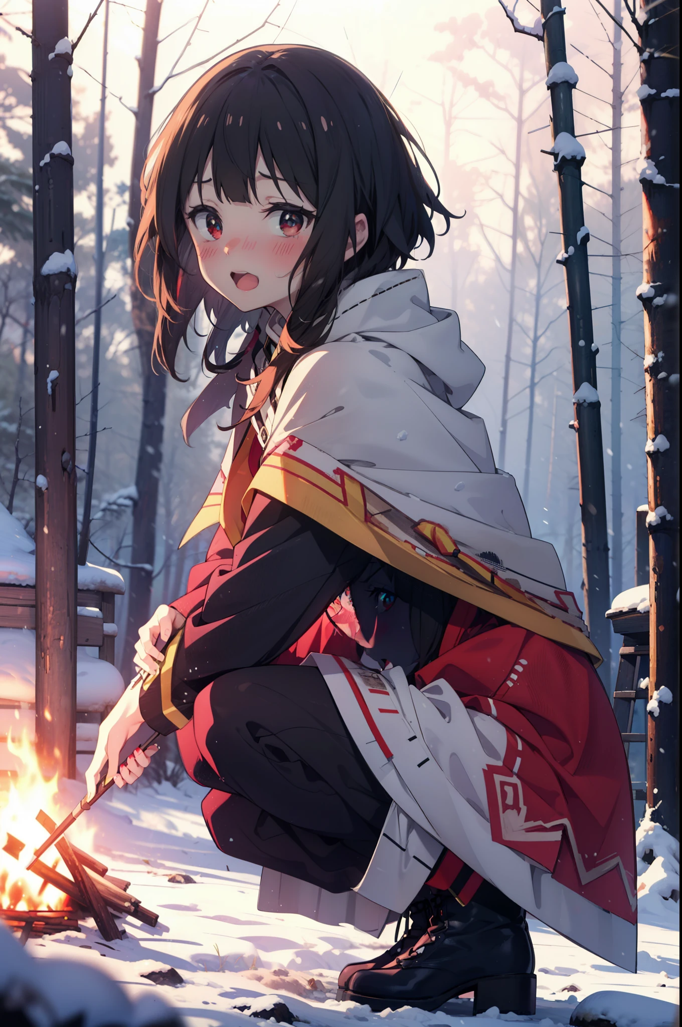 konosubaMegumin, Megumin, short hair, Black Hair, (Red eyes:1.3), short hair with long locks,happy smile,blush,White Breath,
Open your mouth,snow,A bonfire on the ground, Outdoor, boots, snowing, From the side, wood, suitcase, Cape, Blurred, Increase your meals, forest, White handbag, nature,  Squat, Mouth closed, フードed Cape, winter, Written boundary depth, Black shoes, red Cape break looking at viewer, Upper Body, whole body, break Outdoor, forest, nature, break (masterpiece:1.2), highest quality, High resolution, unity 8k wallpaper, (shape:0.8), (Beautiful and beautiful eyes:1.6), Highly detailed face, Perfect lighting, Highly detailed CG, (Perfect hands, Perfect Anatomy),