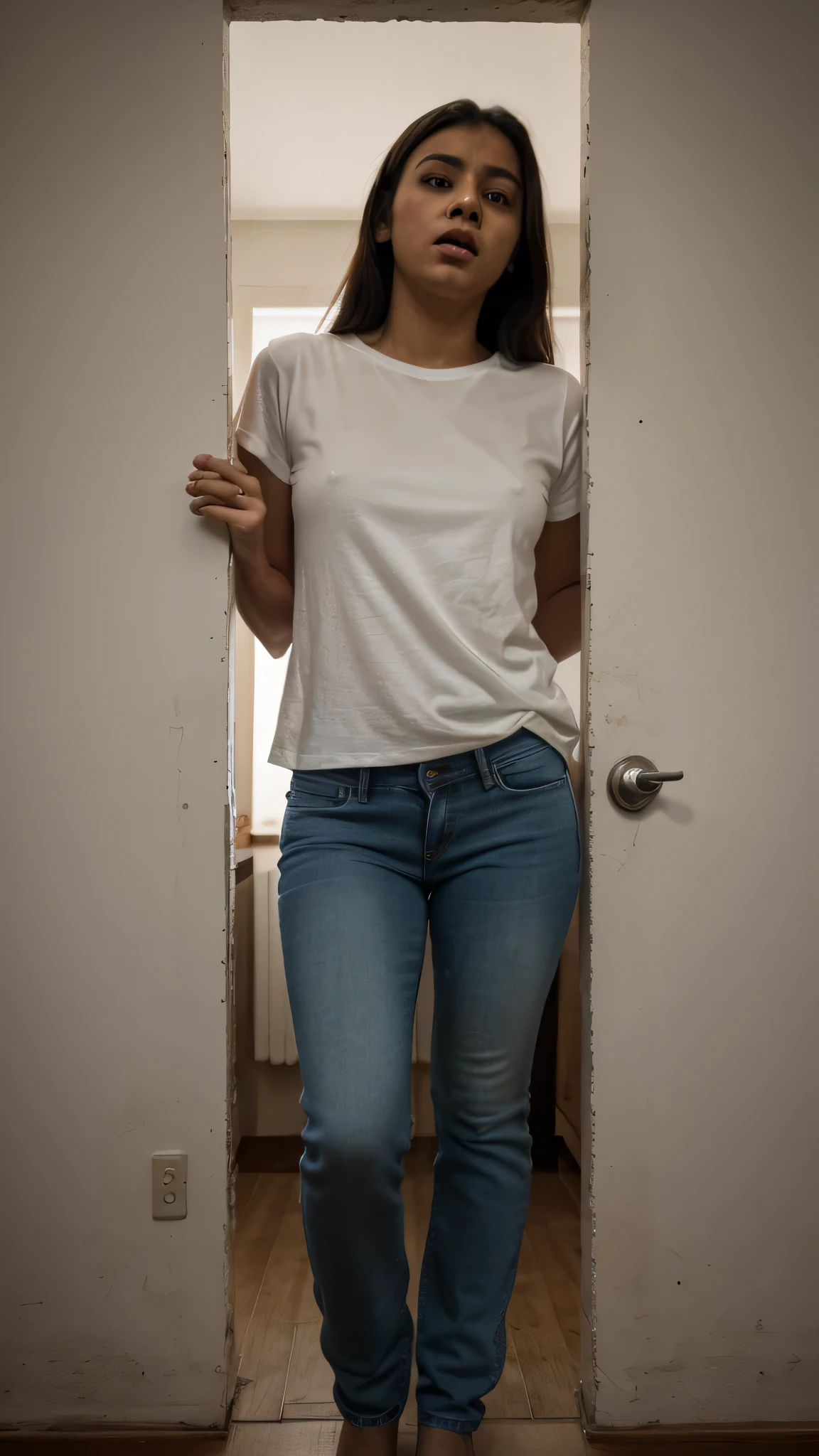 Indian acting class, accidentally entered the wrong room, white t-shirt and jeans, locked in a dark room, no light inside the room, surrounded by fear and despair, staring through the hole in the wall, full image