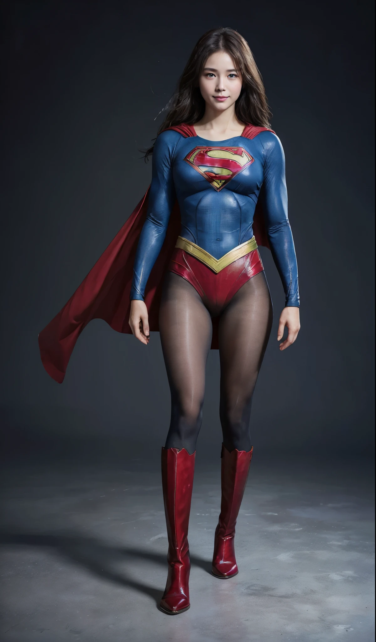 No background、(((Beautiful legs in black tights.)))、(((Legally express the beauty of your smile)))、((((Make the most of your original images)))、(((Supergirl Costume)))、(((Beautiful Hair)))、(((suffering)))、(((Please wear black tights....、Wear red boots)))、((Best image quality、8k))、((highest quality、8k、masterpiece:1.3))、(((Preserve background )))、Sharp focus:1.2、Beautiful woman with perfect figure:1.4、Slim Abs:1.2、Wet body:1.5、Highly detailed face and skin texture、8k