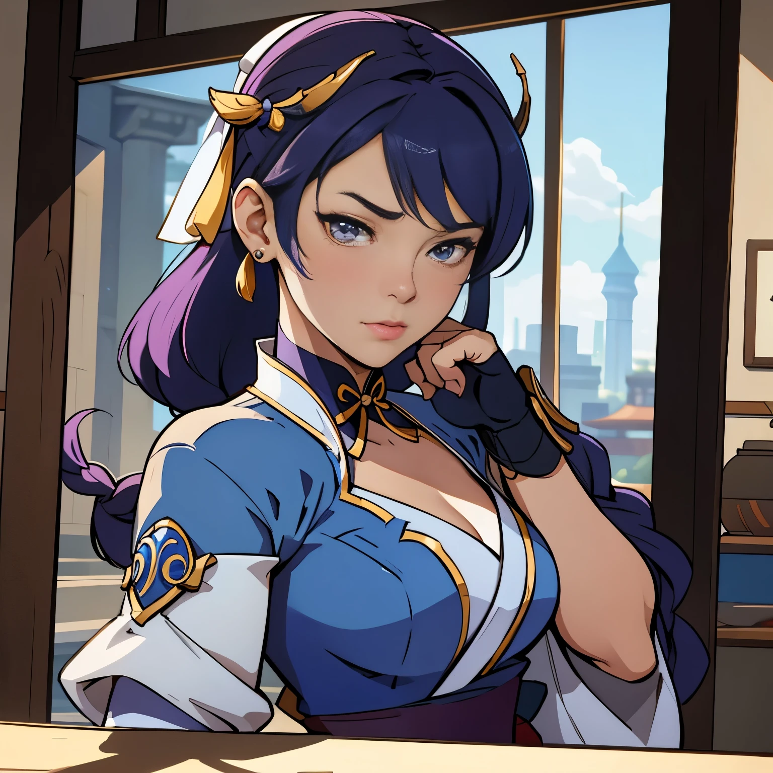 a woman in a blue dress and a white bow on her head, portrait of chun-li, portrait of Chun-Li, Chun-Li, chun-li, chun-li, extremely detailed artegerm, Chun-Li at the gym, artegerm and atey ghailan, artegerm. Alto detalhe, estilo de arte g liulian, inspirado em Pu Hua