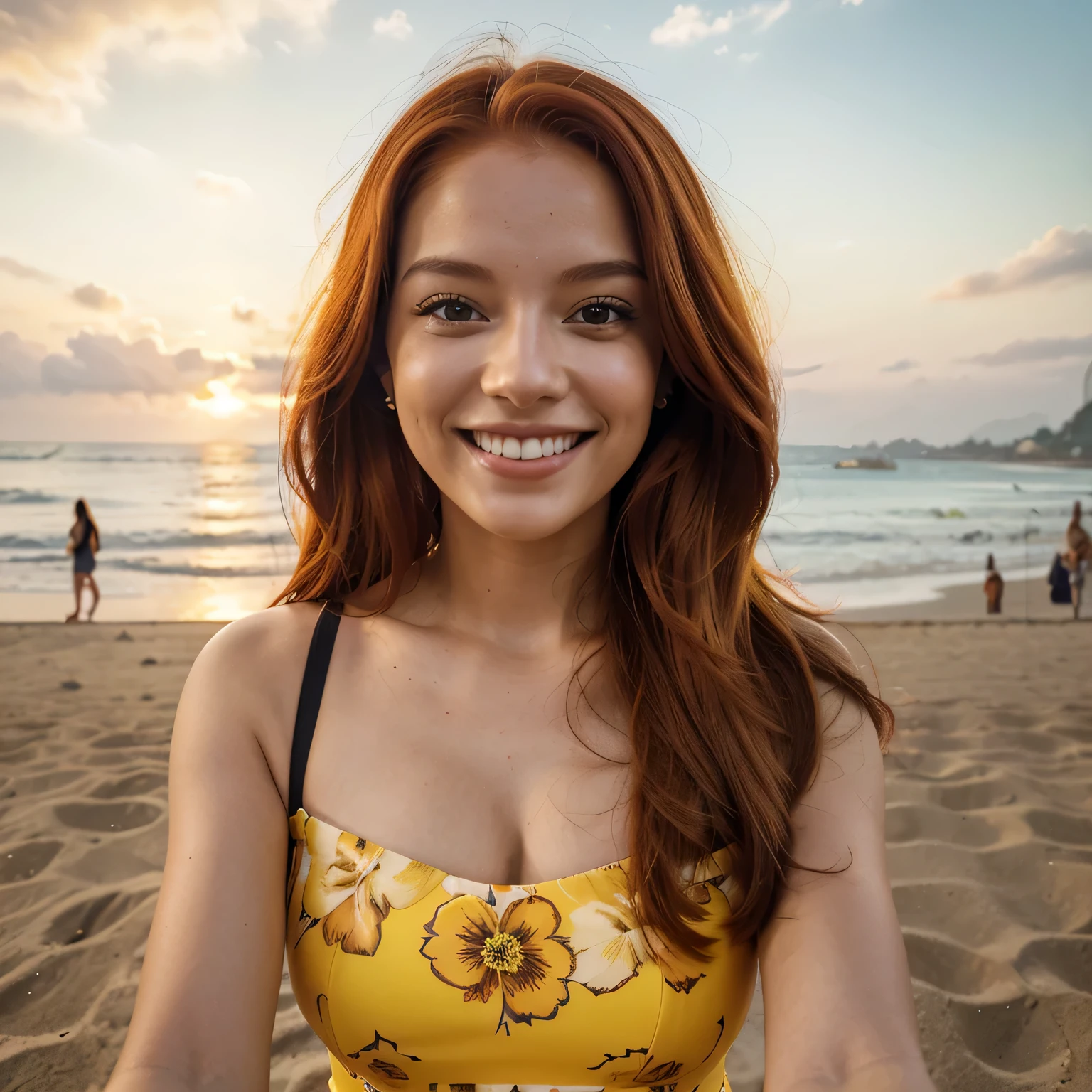 A radiant smile lights up the face of the AI influencer with long red hair, Ultra high definition images of our AI digital influencer smiling in a yellow floral dress taking a selfie on the boardwalk of the nebron beach at night in Rio de Janeiro, Brazil