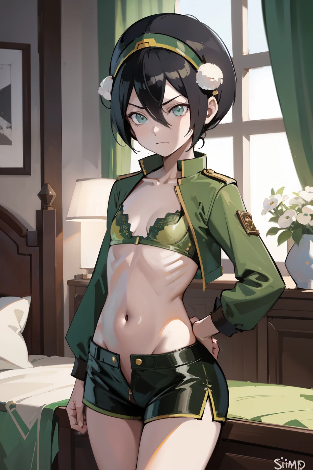 absurdres, highres, ultra detailed, toph beifong , disappointed  face , solo , gren jacket, open clothes,  bra , flat chest  ,shorts , looking at viewer , bedroom . 