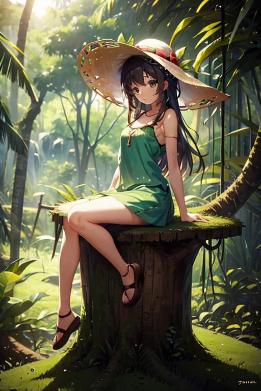 beautiful girl, Tropical outfit and hat, sitting on a stump
