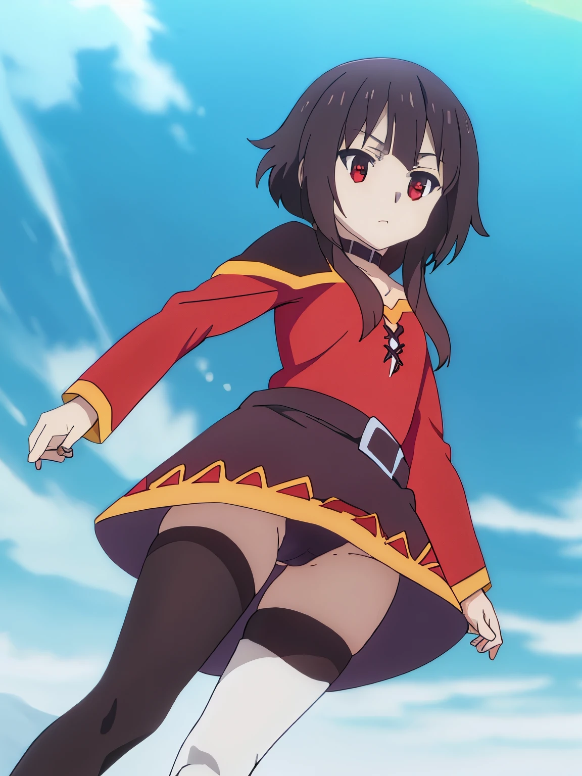 Black Hair ,Red eyes , Megumin、pantyhose,I can see her panties,From below