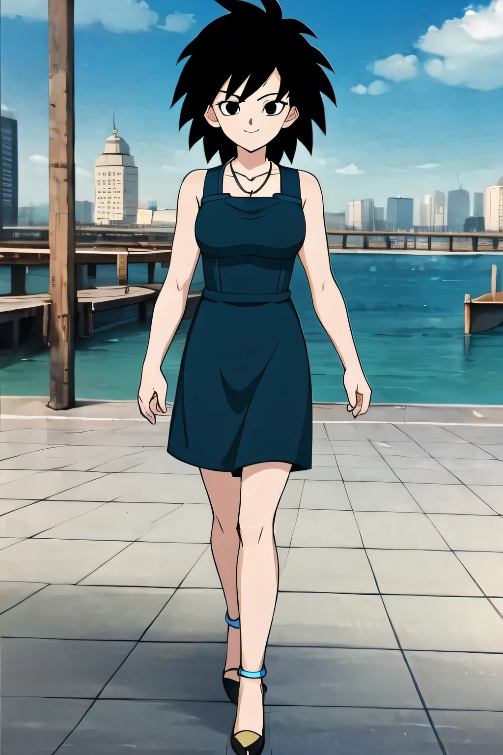 gine, 1girl, sunlight, solo, breasts, closed, blue sky, black hair, black eyes, city, bare shoulders, collarbone, cowboy shot, short hair, floating hair, looking at viewer, smile, looking at viewer, spiked hair, black dress, blue necklace, pier, docks, walking in black high heels