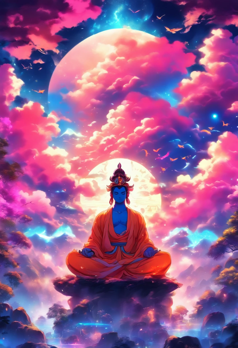 melhor qualidade, ultra-high resolution, obra de arte, hindu mythology, hindu, aesthetics, lindo, Pessoa meditando na Floresta. Clouds Symbols of nature, OM, zen, mystic, cores neon, Imagem com pelo menos 300 dpi, Ultra HD, Digital art