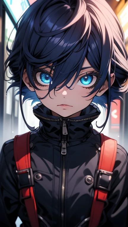 Obra-prima,Detalhado,High resolutions:1.4) , Foto del modelo, fechar, Rosto detalhado, Olhos finos e detalhados,, (Kirishima Touka),medium blue hair,ojo ghoul,retro jacket,Tokyo Ghoul,Fundo retrofuturista, cores vibrantes, hdr,, ,