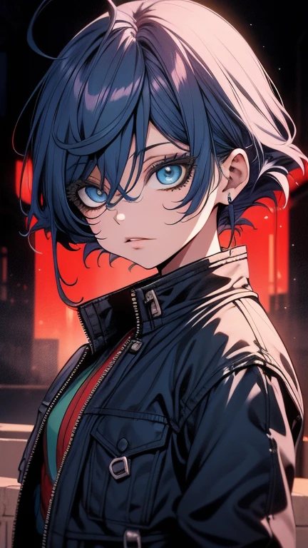 Obra-prima,Detalhado,High resolutions:1.4) , Foto del modelo, fechar, Rosto detalhado, Olhos finos e detalhados,, (Kirishima Touka),medium blue hair,ojo ghoul,retro jacket,Tokyo Ghoul,Fundo retrofuturista, cores vibrantes, hdr,, ,