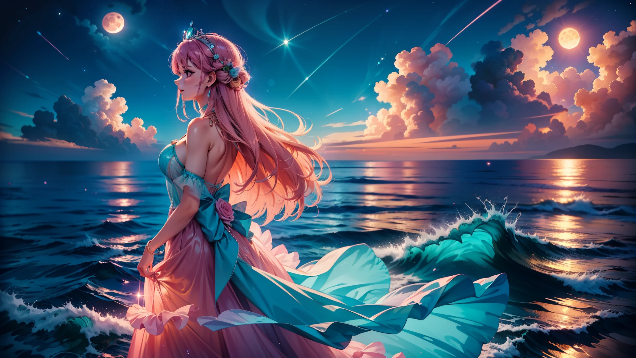 Orange moon,night time teal sky, soft pink clouds, teal ocean waves sparkling, sparkling, pink roses on pink ocean, fantasy, diamond, crown, universe, soft lights,yamato