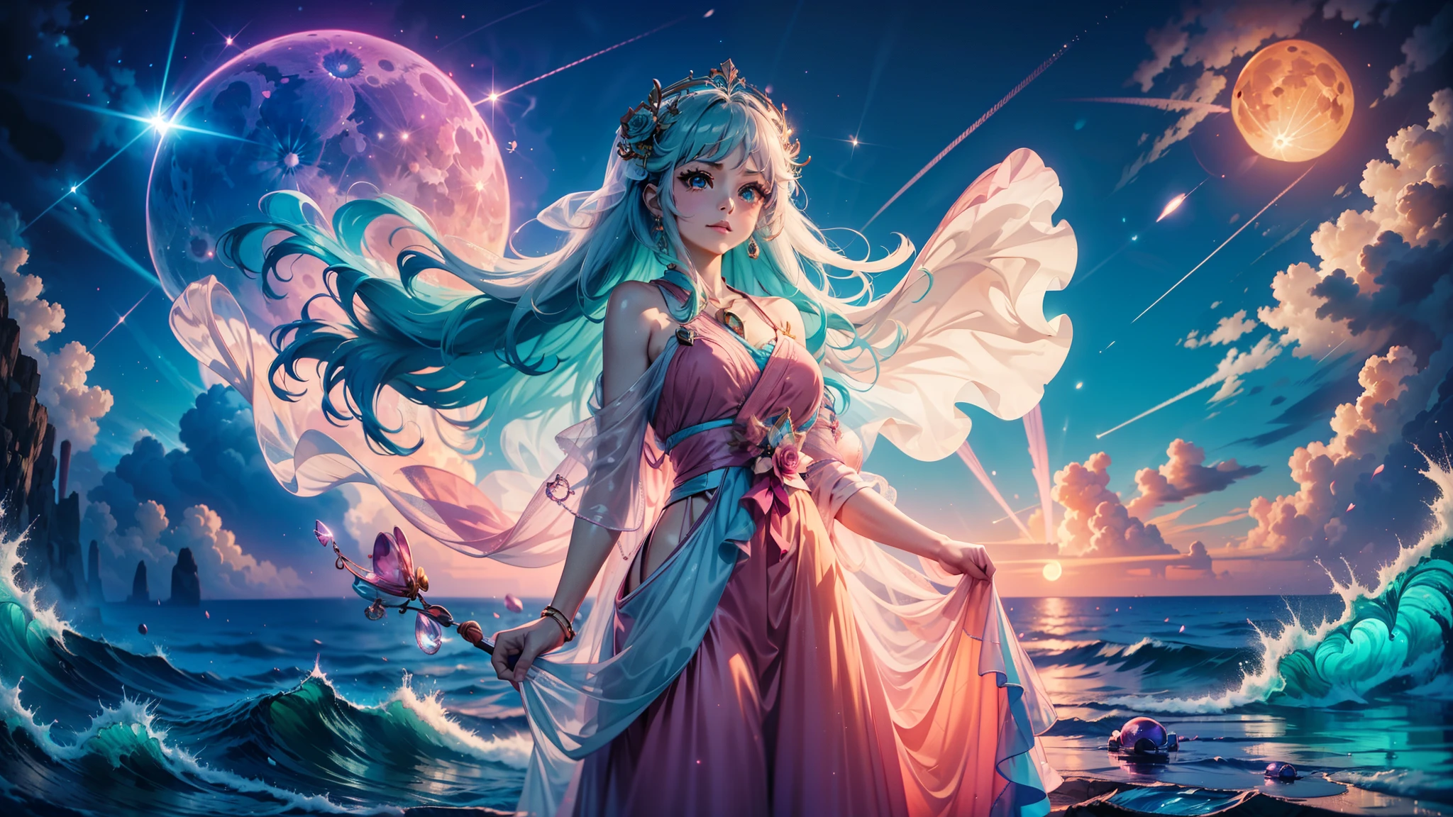 Orange moon,night time teal sky, soft pink clouds, teal ocean waves sparkling, sparkling, pink roses on pink ocean, fantasy, diamond, crown, universe, soft lights,yamato