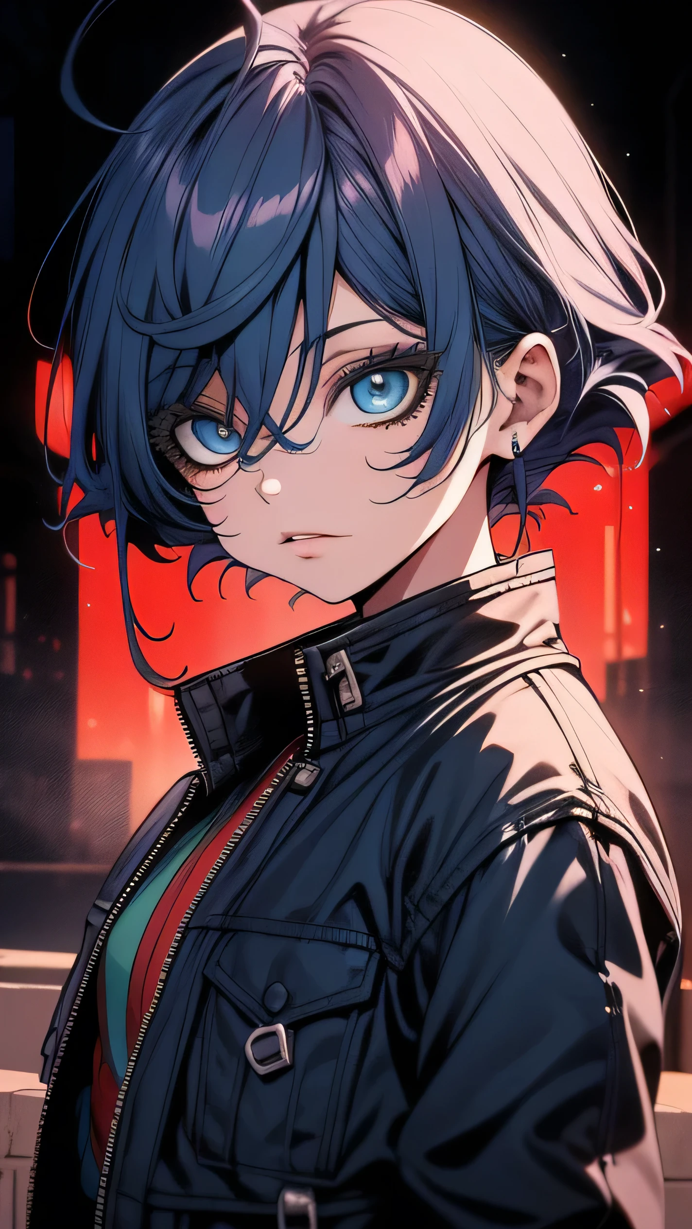 Obra-prima,Detalhado,High resolutions:1.4) , Foto del modelo, fechar, Rosto detalhado, Olhos finos e detalhados,, (Kirishima Touka),medium blue hair,ojo ghoul,retro jacket,Tokyo Ghoul,Fundo retrofuturista, cores vibrantes, hdr,, ,