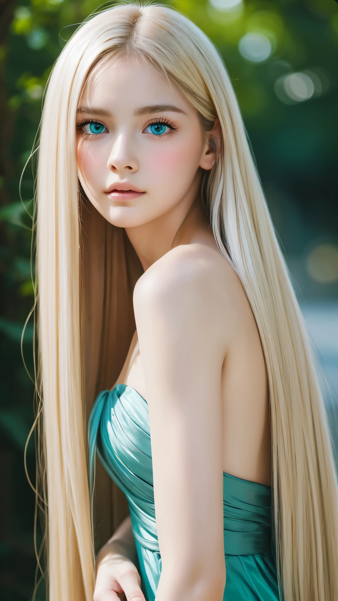 Mastepiece, Best Quality, Photorealistic, Super detailed, Fine details, High resolution, 8k wallpaper, RAW color photos, Professional, High level of detail, Beautiful girl with beautiful platinum blonde super long straight long silky hair. Long bangs between the eyes,、Sharp Focus, Award-winning photography, (Emerald green dress), (Cleavage), (Facing forward), (View your viewers), Small light, Low Contrast, Facial symmetry, Depth of written boundary, Movie Background, Center image, Softly lit, (Fine skin), Pale skin, Gloss Face、Cheek gloss、Realistic skin textures, Extreme Skin Detail、Bright pale marine blue eyes、