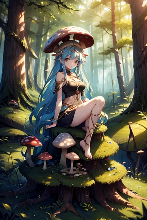 Mushroom forest queen goddess, sitting on a stump